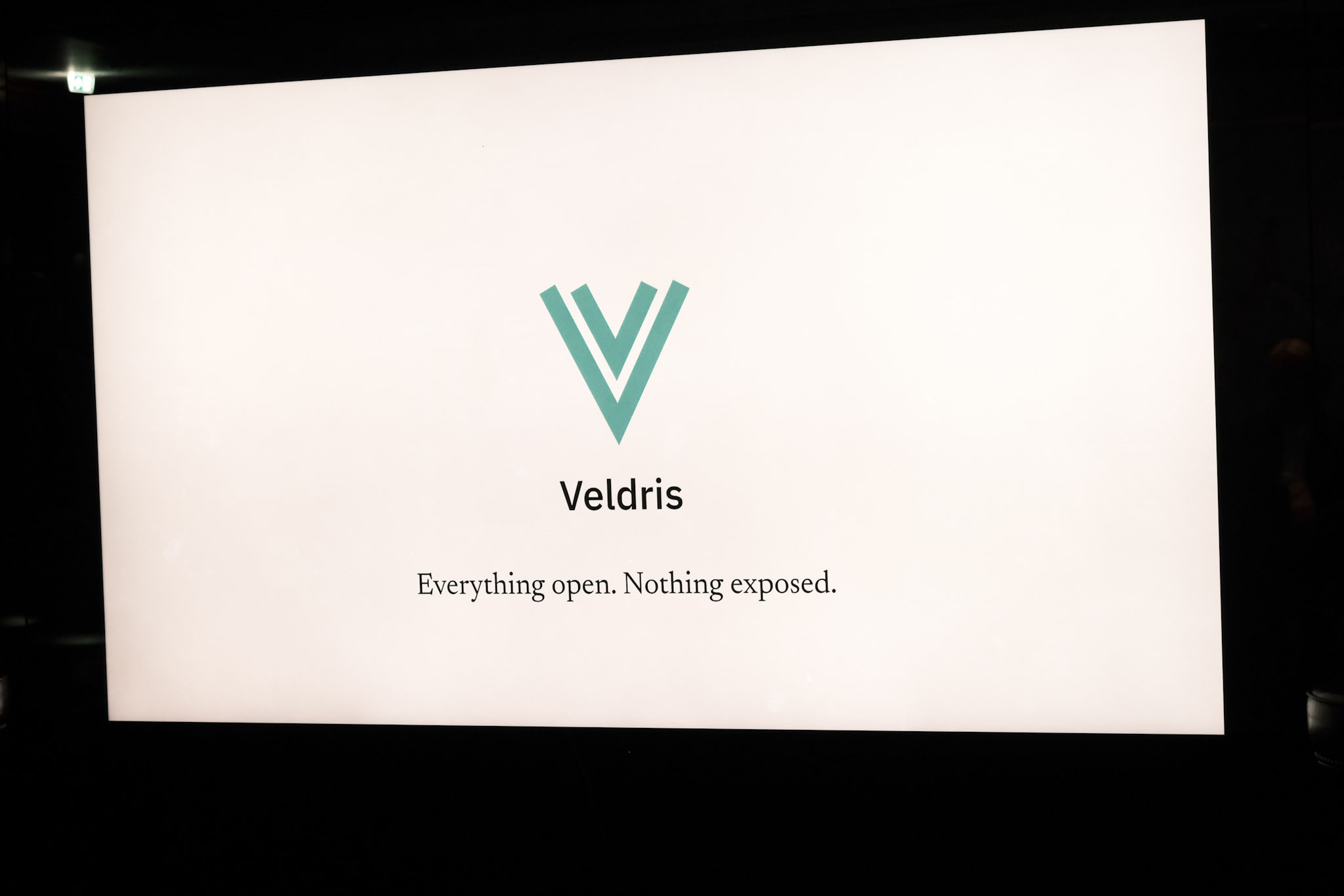 A screen showing the green Veldris V logo and wordmark with a strapline on a white background.
